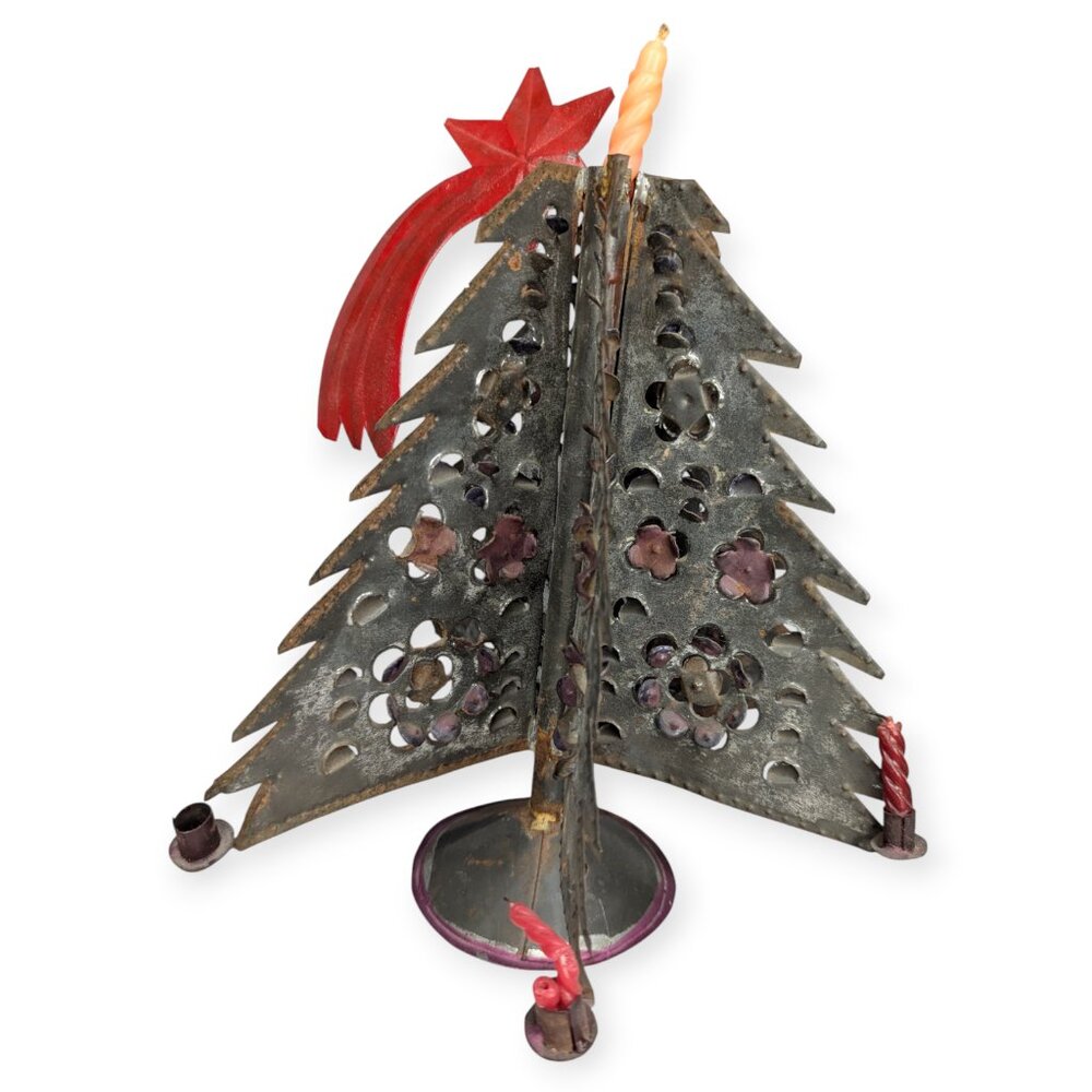 Vintage Primitive Folk Art Metal Christmas Tree Candle Holder with Red Star 12" - Picture 5 of 12